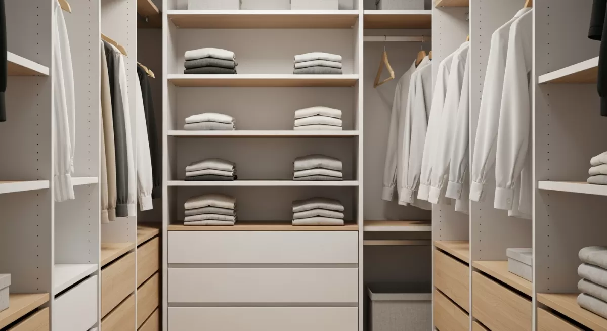 柔らかな自然光が差し込む、白と木目のモジュール収納に服や小物が整然と並ぶ清潔なウォークインクローゼット