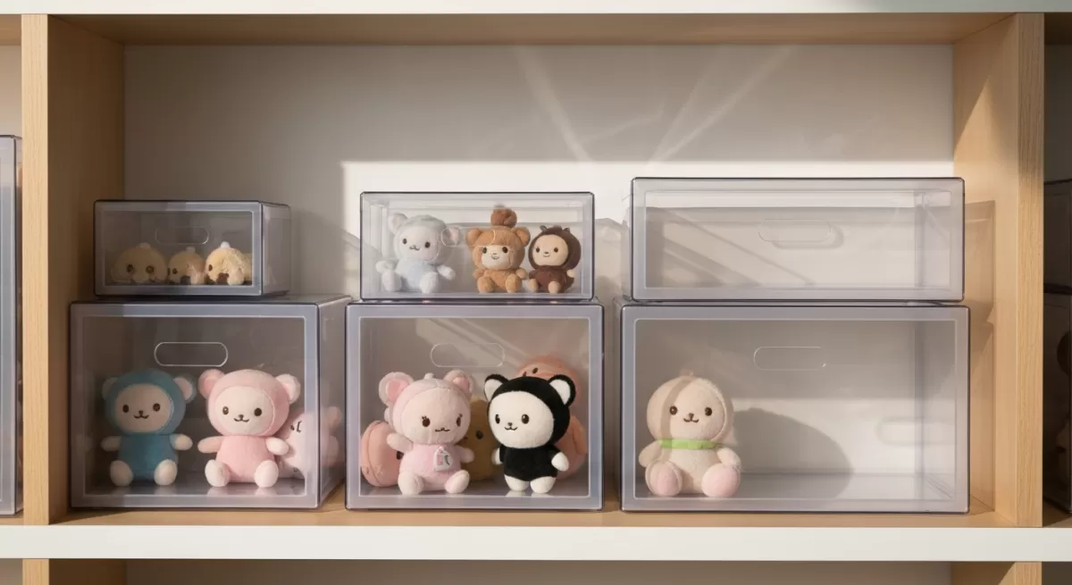 白い木目の棚に、ぬいぐるみが入ったA4サイズの平らな透明ケースや深型ケースが並び、柔らかな自然光が当たる、被写界深度の浅いミドルショット