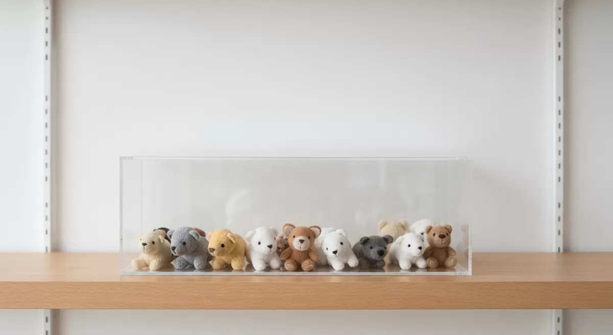柔らかい自然光が差し込む、明るい木製棚上の透明アクリルケースに並ぶ小さなぬいぐるみ