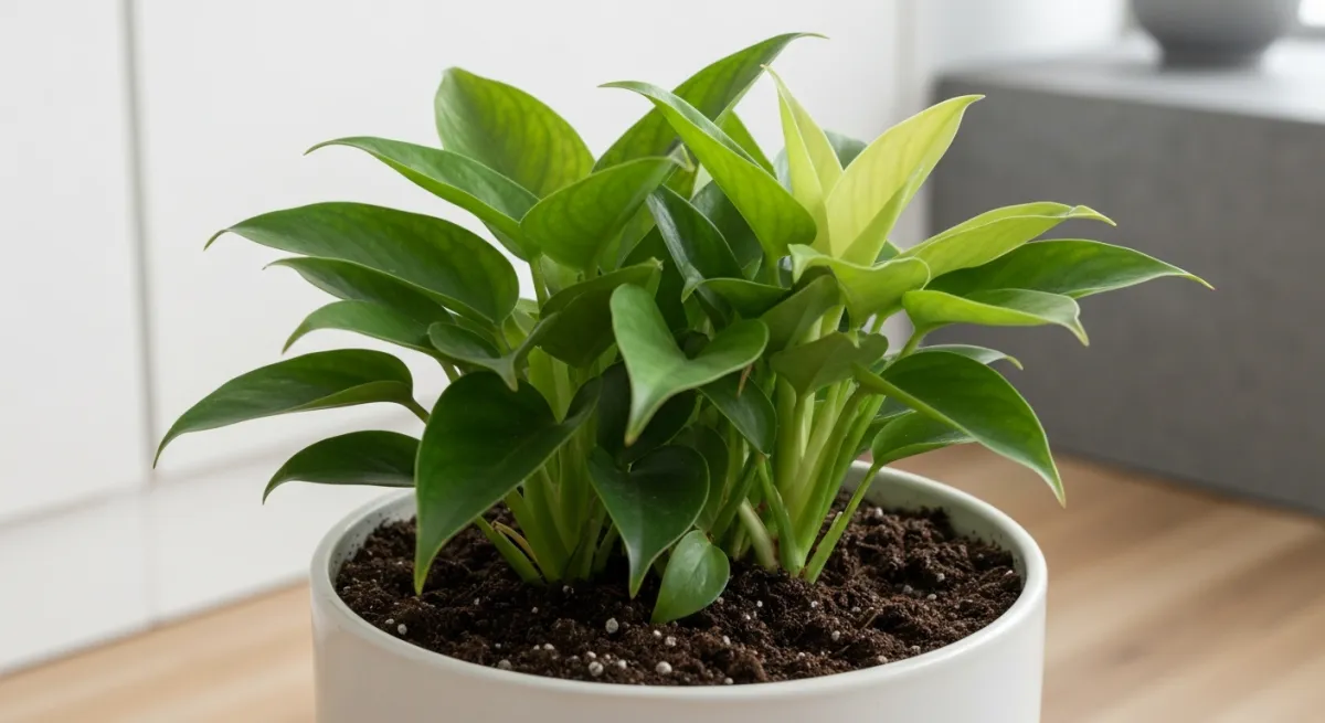 柔らかな自然光に照らされた、ミニマリストの鉢の土まで見える鮮やかな観葉植物のタイトなクローズアップ、背景はシンプルな室内