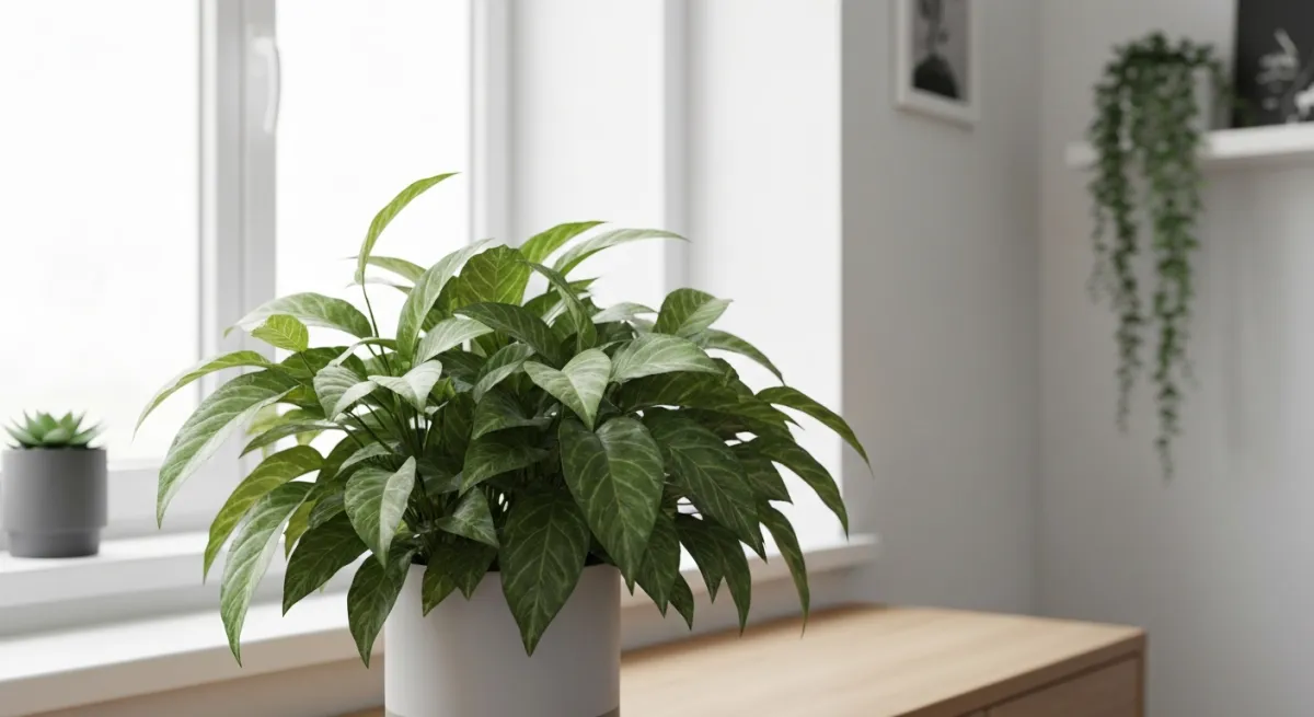 清潔な木製表面の白いミニマルな鉢に植えられた観葉植物のクローズアップ、窓からの柔らかな自然光が照らすモダンアパートの心地よい空間