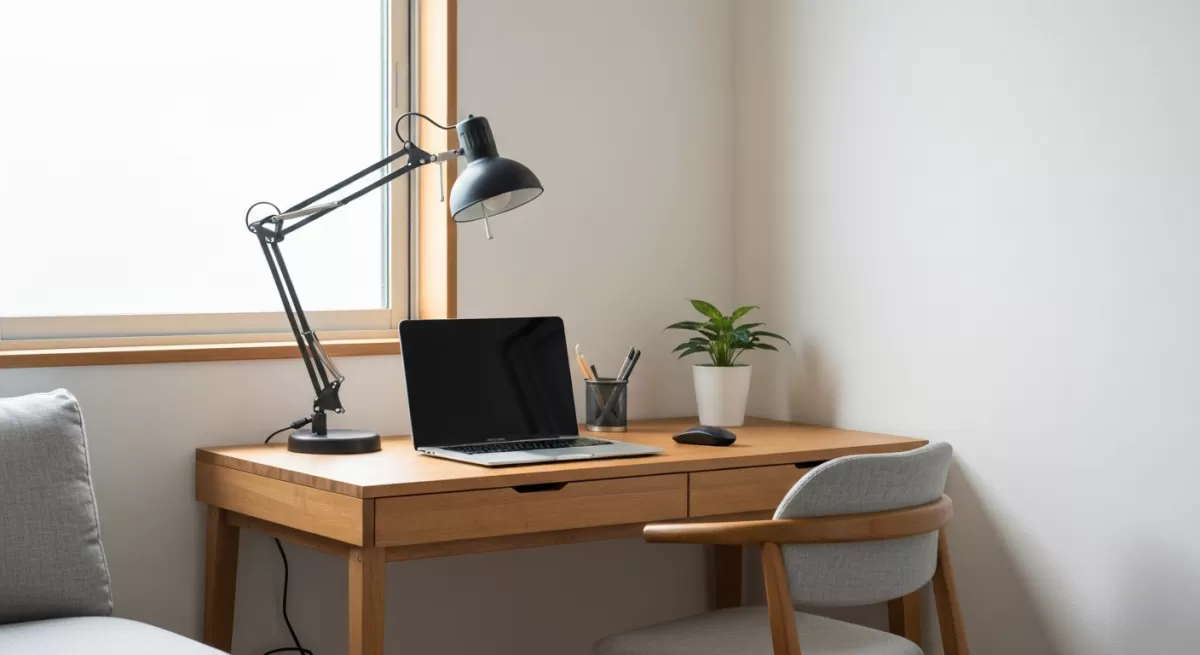 洗練されたミニマルな一人暮らし部屋の木製デスク。ノートPC、ランプ、鉢植え、椅子が並び、柔らかな自然光が白壁と木目の温かさを演出