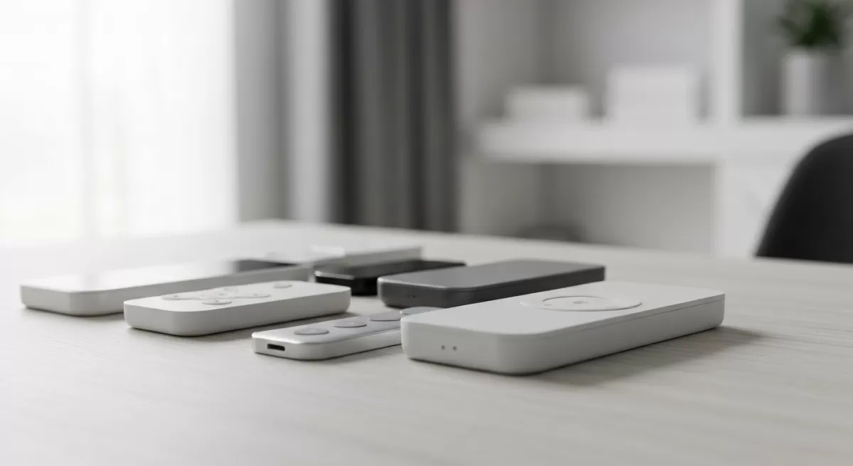 明るい木製台に整然と並ぶミニマルなスマートリモコン群、左からの自然光がモダンなデザインを際立たせ、背景はミニマルな室内がぼんやりと