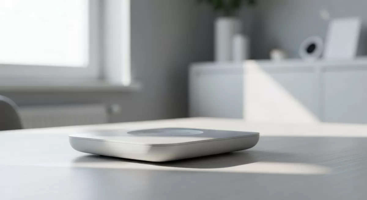 明るい木製表面に置かれた洗練されたスマートリモコンを大きく捉え、窓からの自然光とぼかされたミニマルな室内背景