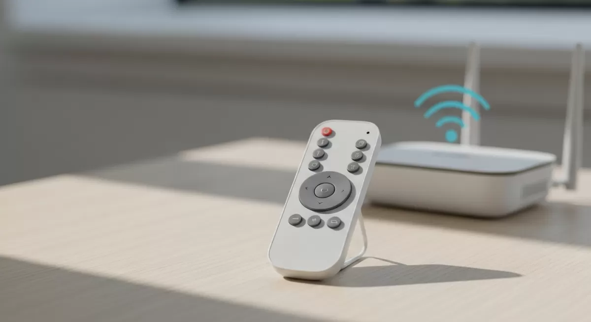 柔らかな自然光に照らされたミニマルな木製デスク中央のスマートリモコン、ぼやけたWi-Fiルーターが暗示する清潔な空間
