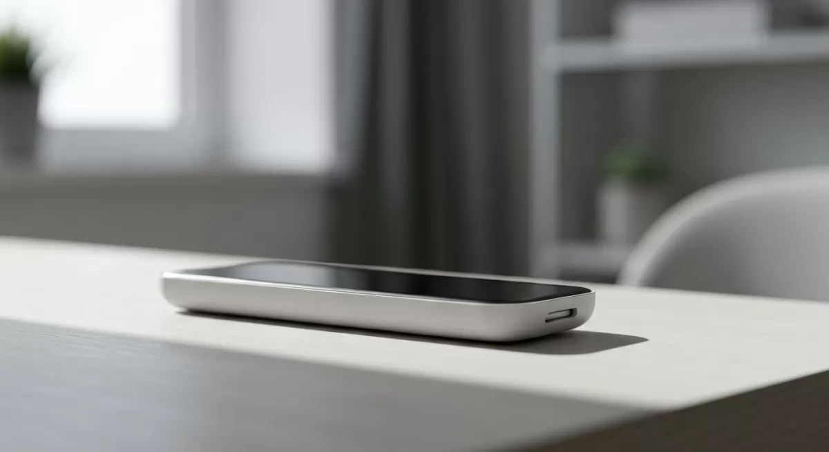 明るい木製デスク上の洗練された白系スマートリモコン、自然光が当たるモダンな部屋の浅い被写界深度クローズアップ