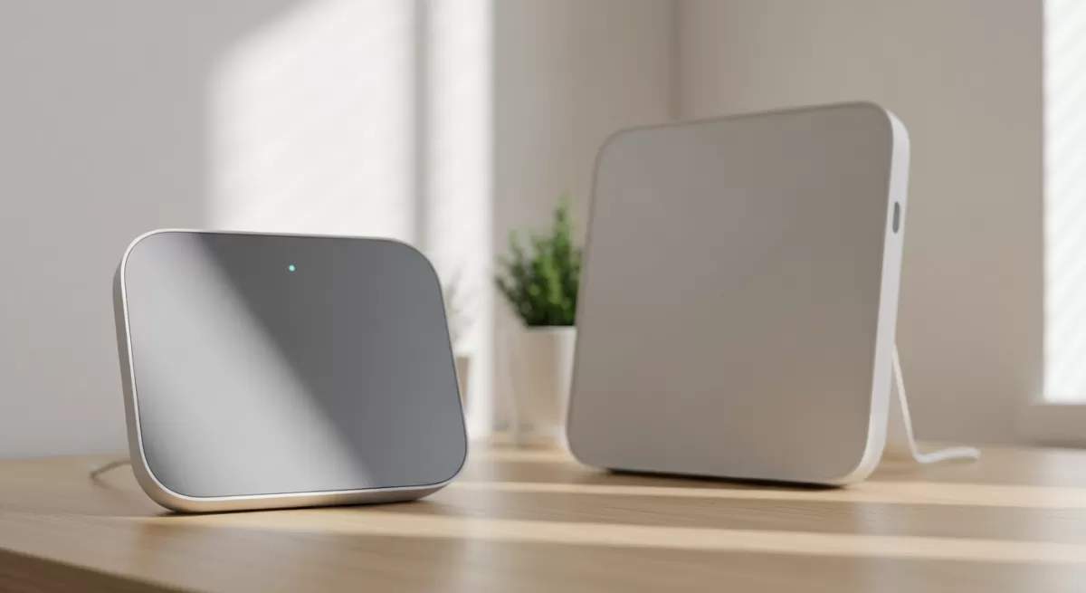 明るい木製デスクに置かれたスマートホームハブ、柔らかな自然光とぼけた観葉植物がミニマルな空間を演出