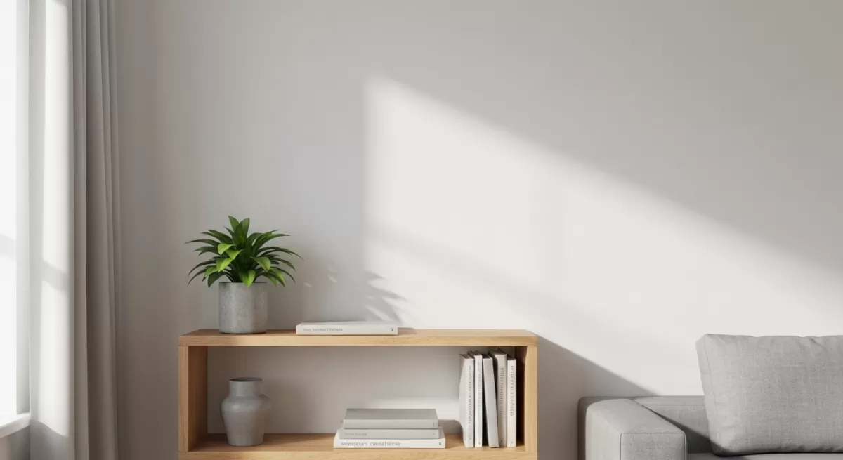 一人暮らし女性のスタイリッシュな部屋の一角、低い木製棚に植物と本が整然と並び、柔らかな自然光が白壁と木の温かみを際立たせるミニマルな空間