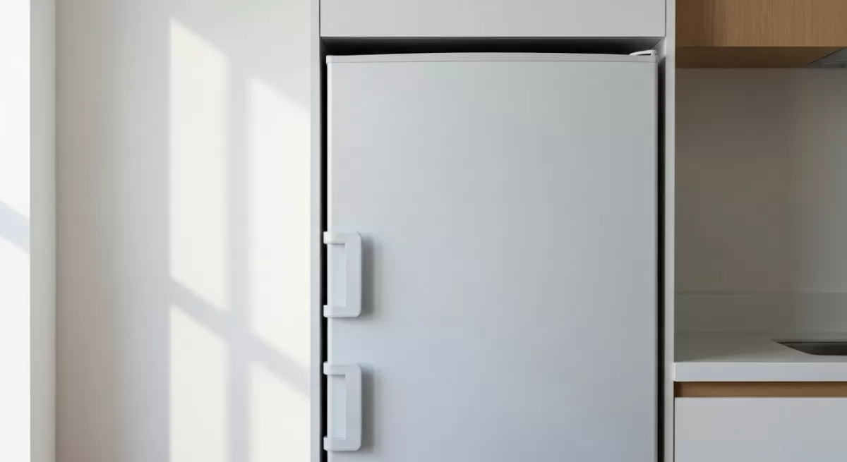 明るい自然光が差し込むコンパクトなキッチン、大きな冷凍庫が目を引くモダンでミニマリストな白系冷蔵庫
